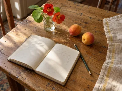 Notizbuch, Bleistift und kleine Blumen auf einem Holztisch