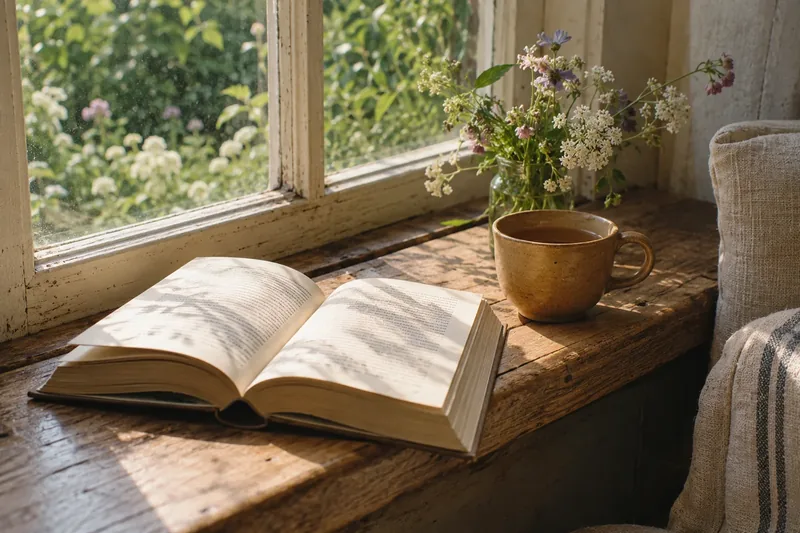 Ein aufgeschlagenes Buch und eine Tasse Tee am sonnigen Fenster