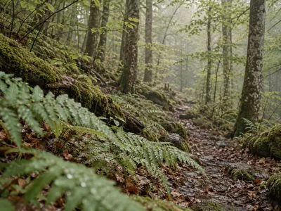 Ein schmaler Weg durch einen ruhigen grünen Wald